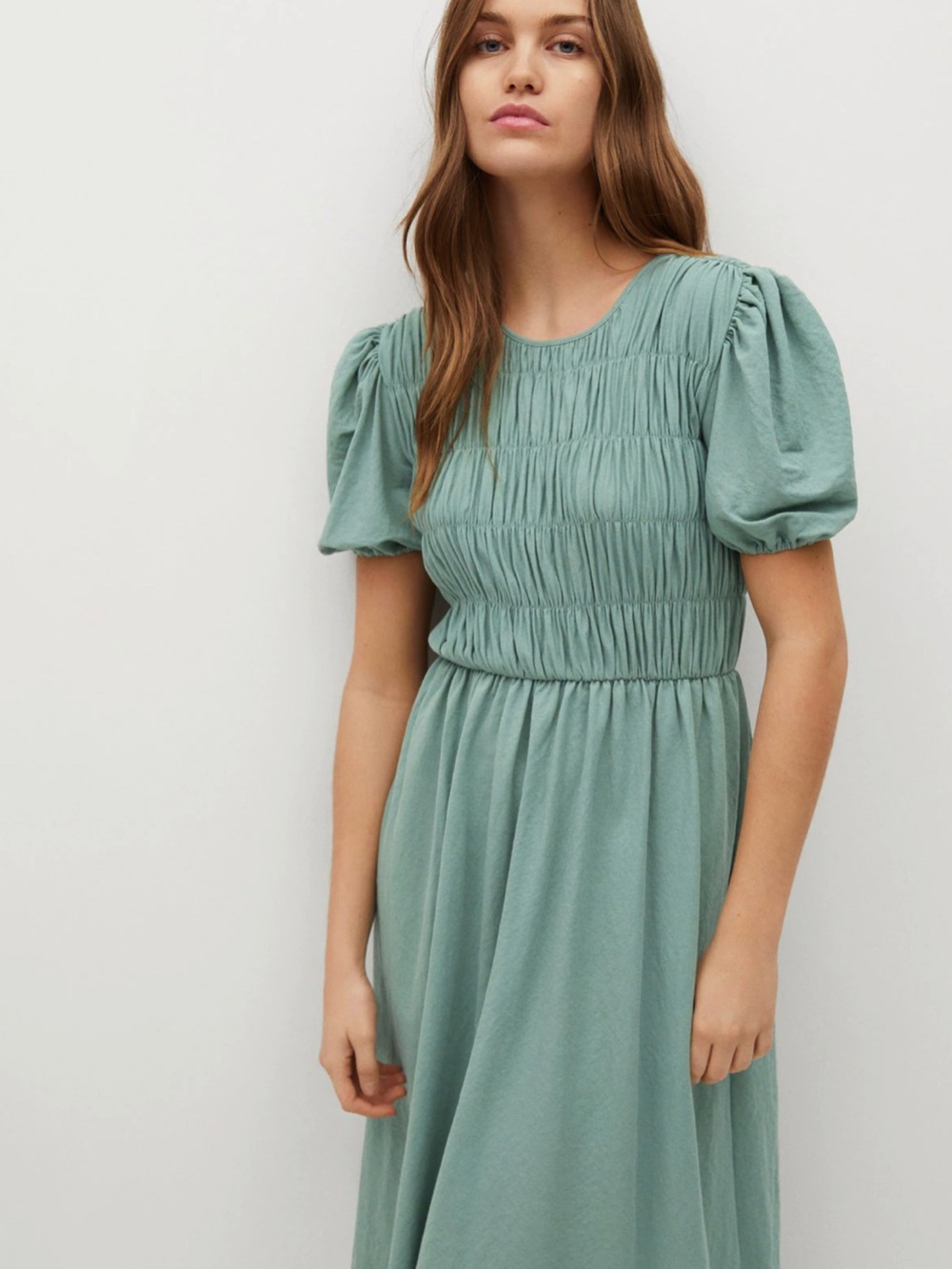 Mango Smocked Puff Sleeve Midi Dress in Sage